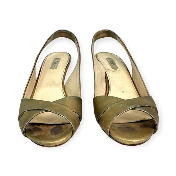 PRADA | US 8.5 / IT 38.5 | Metallic Gold Leather Peep-Toe Slingback Pumps - Picture 6 of 10